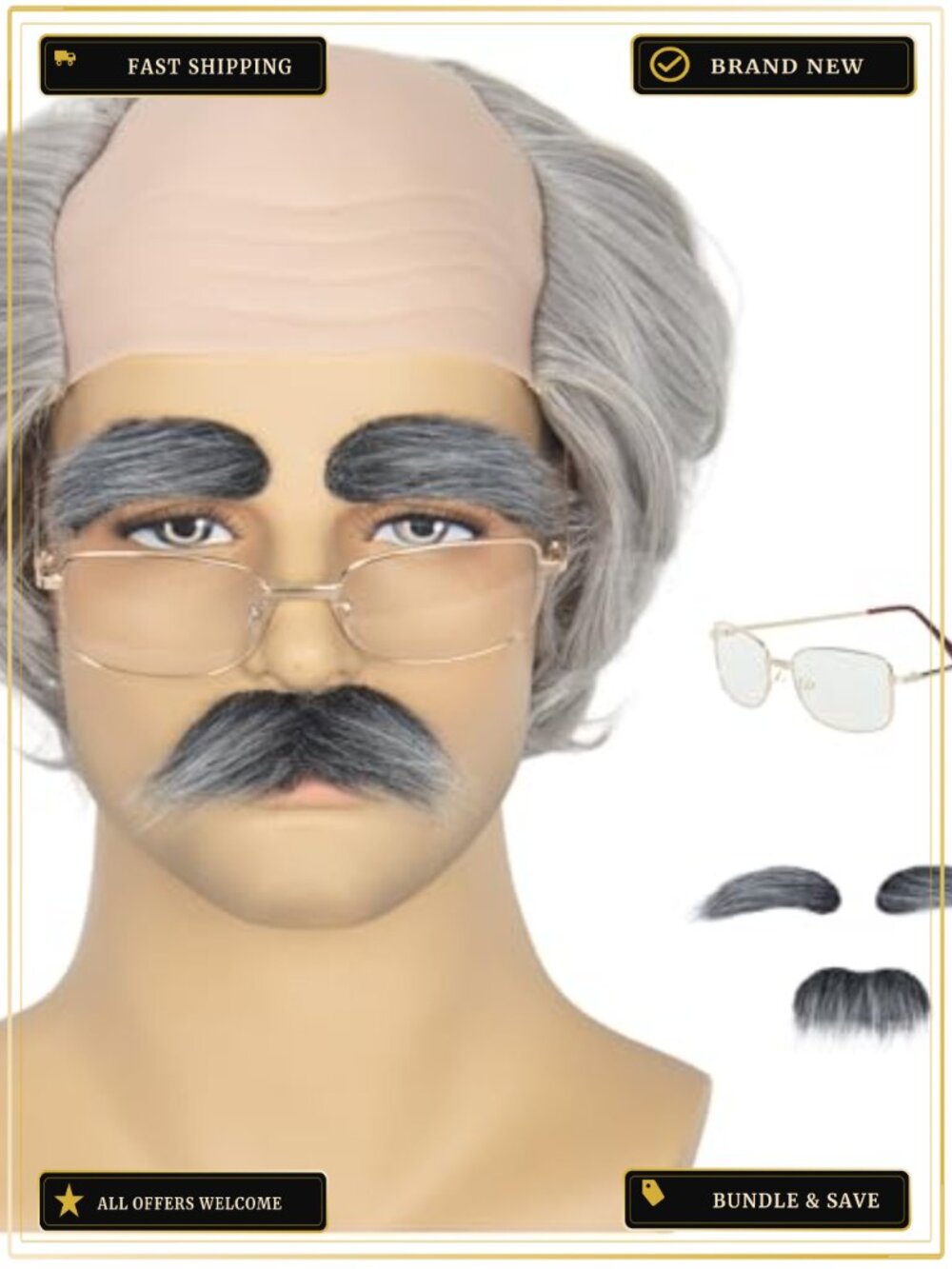 Grey Bald Cap Wig Old Man Costume with Mustache Eyebrows Glasses